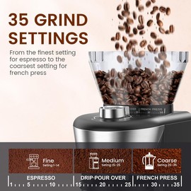 COWSAR COWAR Coffee Grinder Electric Burr Mill, Conical Burr Espresso Coffee Grinder, Coffee Bean Grinder With 35 Adjustable Settings Precise Setting For 2-12 Cups Stainless Steel Silver