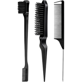 Juego de 3 peines para peinar el cabello, cepillo de pelo de rata, cepillo de borde para cepillar los bordes y la espalda, peinar, alisar el cabello para mujeres (negro)