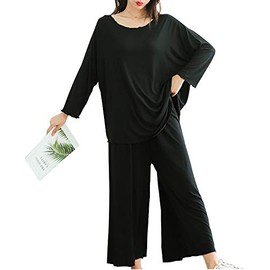 TRTRO Women's Loungewear, Top and Bottom Set, Large Size, Round Color, Long Sleeve, Pajamas, Room Wear, Sleepwear, Elastic Waist, Black