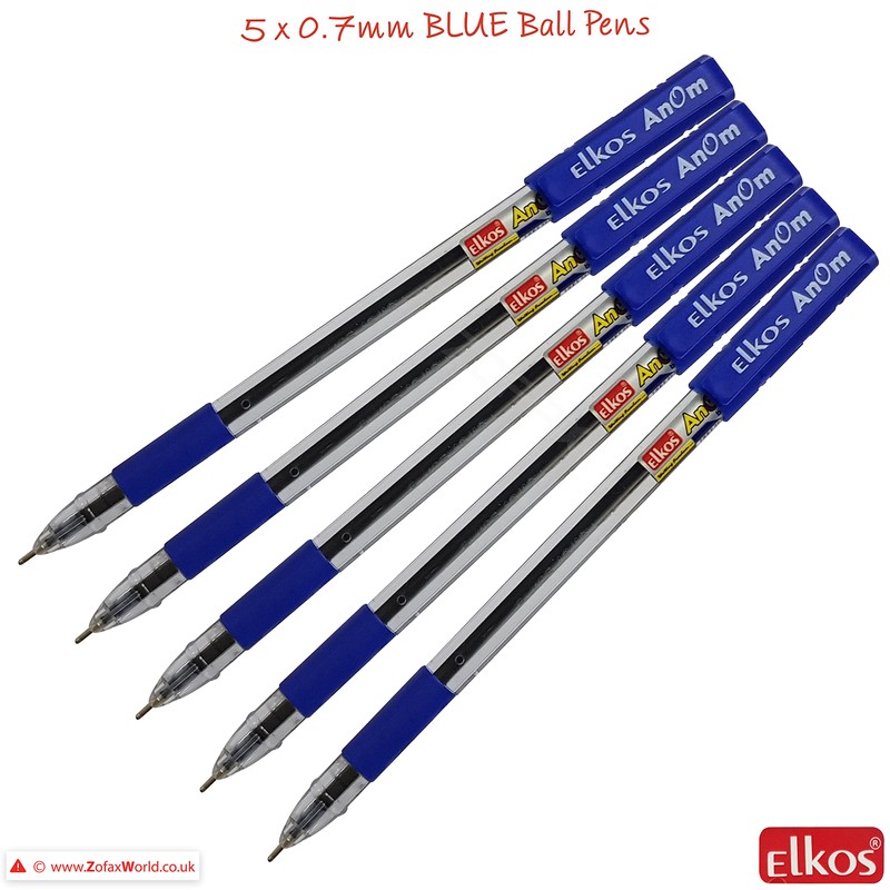 ELKOS BLUE Ballpoint Pens, 0.7mm Fine Point, Pack of 5,