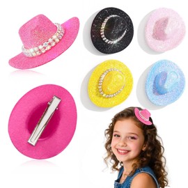 Bohend Glitter Mini Cowboy Hat Hair Clips with Rhinestones, Tiny Western Style Barrettes, 5 Colors Set (Sequin)