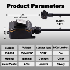 Inline Cord Switch with 3FT Cable Piggyback Plug(3-Pronged), IP67 Waterproof Extension Cord with On/Off Switch, AC/DC 20A-125V,16A-250V Inline Power Switch with Silver Rocker Button