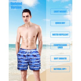 Mens Swim Trunks with Compression Liner Anti Chafe Beach Shorts Quick Dry UPF 50+ Swimming Trunks Built in Boxer Shorts 5/7 inch Inseam Bathing Suit Tie Dye Sharks X-Large
