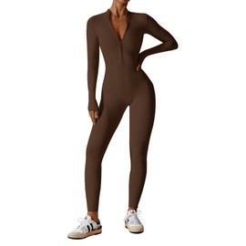 Ecupper Womens One Piece Workout Jumpsuit Zip Up Bodysuit Long Sleeve Yoga Rompers Full Length Sports Gym Shapewear Coffee S