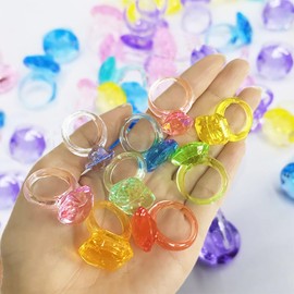 SPRMUD Plastic Acrylic Rings Plural Assorted Colors Diamond Ring Party Favors Girls Birthday Presents Prizes Carnival Toys Goodie Bag for Kids, Plastic (100)