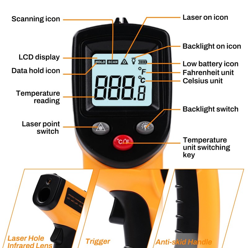 DEWIN Infrared Thermometer -50°C~400°C Real Time Temperature Display Suitable for