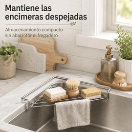 Organizador Esquinero para Fregadero de Acero Inoxidable 304, Rejilla Triangular con Drenaje, Soporte para Esponjas, Cepillos y Paños, Estante de Esquina para Cocina y Tarja (1P)