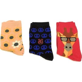 Hotsox Kids Socks 3 Pair Giraffe/Peace Sign/Flowers, Kids Shoe Size 10-13