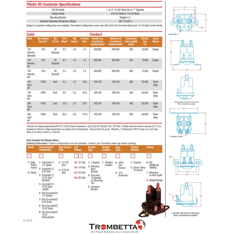 Trombetta 892-1221-210-50, 12 Volt Plastic DC Contactor