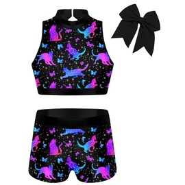 Vogseek Leotard Gymnastics Girls Kids 7t 8t Kids Colorful Cats Butterflies Print Sparkle Outfits Size 7 8 Girls Bodysuits Quick Dry Biketard Sets
