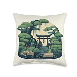 Cherry Blossom Garden Shrine Rock Pond Japanese Style Throw Pillow