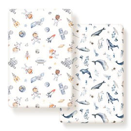 Stretchy Ultra Soft Jersey Knit Fitted Pack n Play Sheets Set 2 Pack, Portable/Mini Crib Sheets for Girls, Universal Fit for Pack N Plays Safe and Snug, Cute Sea Fish & Space Print