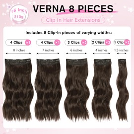 Hair Extensions for Women, 8PCS 16 Inch Dark Brown Clip in Hair Extensions, Synthetic Long Wavy Hairpieces for Women Full Head Thick