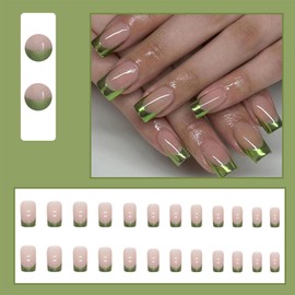 French Tip Press On Nails - Aurora French False Nails Medium- 24pcs Green french Tip Fake Nails With Glue - Metalic Glossy Acrylic Nails Glue On - Full Cover Resuable Women Girls Stick On Nail