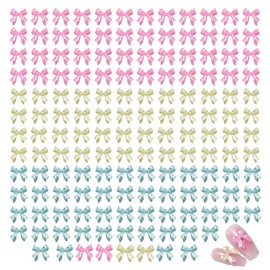 TUKEVA Pack of 150 Butterfly Nails Charms Bow Resin Nail Charms 3D Butterfly Shape Pendant for Nails Mini Bow Shape Design Nail for Nails DIY Decoration (Pink, Nile Blue, Light Yellow)