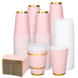 JarThenaAMCS 50Pcs Light Pink Disposable Coffee Cups with Lids and Sleeves 12Oz Foil Gold Border Pink Insulated Paper To Go Cups for Hot Cold Beverage Drinks