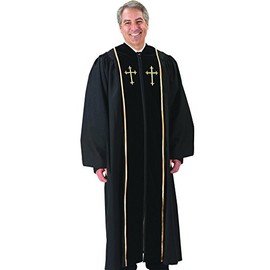 Black Pulpit Robe with Beautiful Gold Embroidery (55 Medium: 5'8" - 5'9" Height. 55" Back Length. 33" Sleeve Length)