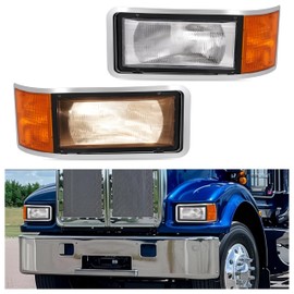 HECASA Headlight Set Compatible with 1990-2006 Mack CH600 CH612 CH613 CH600K CL600 CL700 Driver & Passenger Side Clear+Amber Lens Headlight w/Bulbs Headlamp Bezel