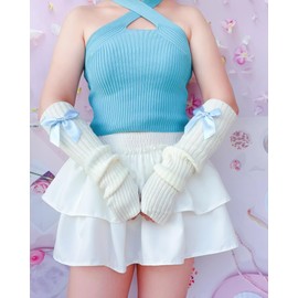 Brexiamin Women Long Y2k Arm Warmers Covers Kawaii Harajuku Fingerless Gloves Gothic Lolita Knitted Arm Sleeve with Thumb Hole (Blue, One Size)