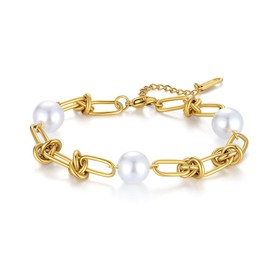 Gold Bracelets for Women Trendy, Charm Bracelet with Paperclip Chain, Pearl Bracelet with 18k Gold Plated, Stainless Steel Jewelry Gifts for Women