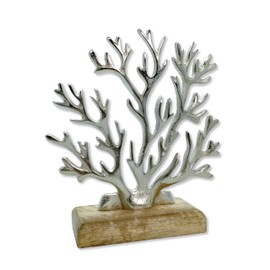 Metal Sculpture with Wooden Base Silver / Brown Coral 23 x 25 cm Decorative Table Decoration Maritime Mediterranean Sea Decoration