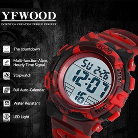 YFWOOD Kids Digital Watch,Waterproof Outdoor Watches, Children Casual Electronic Analog Quartz Wrist Watches with Silicone Band Luminous Alarm Stopwatch for Boys -Camouflage Red