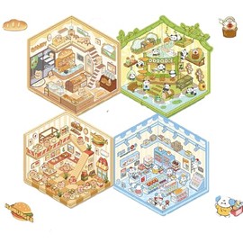 4 Sets of 3D Scene Stickers - Capybara Fast Food, White Puppy Convenience Store, Panda Tea House, Bear Bakery - Cute Kawaii Decals for Kids, Teens, and Adults - Funny, Humorous, and Highly Playable
