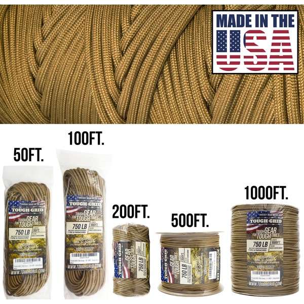 TOUGH-GRID 750lb Grizzly (Coyote) Brown Paracord/Parachute Cord - Genuine Mil Spec Type IV 750lb Paracord Used by US Military (MIl-C-5040-H) - 100% Nylon - 1000Ft - Grizzly Brown