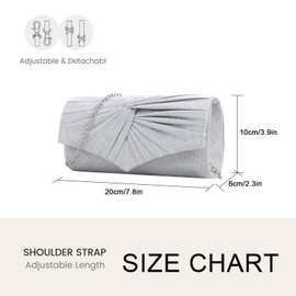MeeQee Women Clutch Bag Glitter Evening Bags with Detachable Chain Sparkly Silver Pleated Style Envelope Handbags Elegant Cross Body Shoulder Bags Purses Wallet for Wedding Bridal Prom Cocktail Party