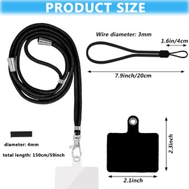 2 Pack Universal Nylon Neck Crossbody Cell Phone Lanyards + 4 Wrist Phone Strap + 4 Pcs Replacement Sticker Patches Tab, Adjustable Detachable Strap Safety Tether and Pads for Most Smartphone, Black