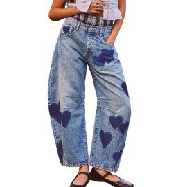 loveimgs Women's Mid Rise Barrel Jeans Wide Leg Baggy Printed Loose Y2k Boyfriend Denim Pants Horseshoe Jeans (Small,Love Blue)