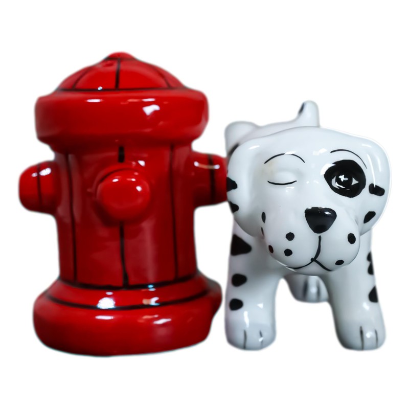 Peeing Dalmatian With Fire Hydrant Ceramic Salt Pepper Shaker Magnetic