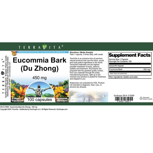 TerraVita Eucommia Bark (Du Zhong) - 450 mg (100 Capsules, ZIN: 515099) - 2 Pack
