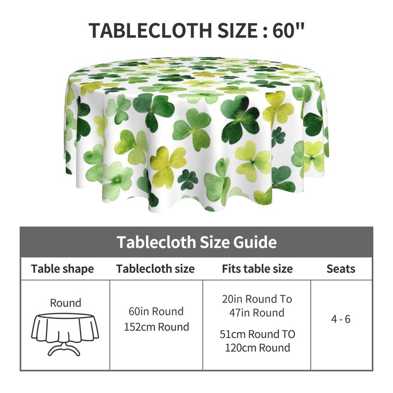 60" St Patrick's Day Round Tablecloth, Shamrock Holiday Party Decor
