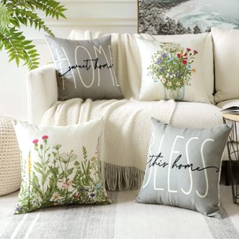 JOTOM Set of 4 Cushion Covers Wildflowers Grey Decorative Square Home Sweet Home Throw Pillow Covers Sofa Car Pillowcase Summer Decorations for Outdoor Home Bed Couch Decor 45x45 cm (HOME Grey)