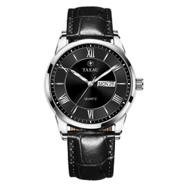 Taxau Black Leather Watches for Men Casual Classic Simple Dress Big Face Waterproof Mens Watch with Day Date Luxury Minimalist Analog Quartz Men's Wrist Watches Relojes para Mujer