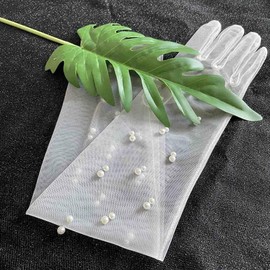 Resweky Langes Hochzeitskleid Bankett Handschuhe Pearl Tüll Handgemachte Abendhandschuhe für Party Tanz, elfenbein, Einheitsgröße