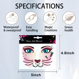 Cute Rabbit Face Stickers Animal Face Jewel Sticker Easter Rabbit Face Sticker Radish Glitter Face Art Stickers Crystals Sticker Party Face Eye Decoration for Cosplay,Make Up,Easter Party 2Sheet