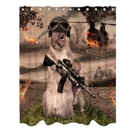 Funny Squirrel Warrior Theme Bathroom Bathtubs Fabric Shower Curtains Helicopter Animal Shower Curtain Set with 12 Hooks 72 x 72 inches Polyester Machine Washable, Black and Green