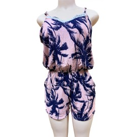 Toson Women Jumpsuit Romper Holiday Summer Sundress Pink Base Palm Tree XL