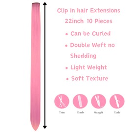 Clip in Hair Extensions Colorful Pink Colored Clip in Hair Extensions Long Straight Synthetic Hair Pieces for Women Girls Kids Festival New Year 22 inch
