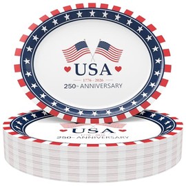 Tbsone 50-Count 250th Anniversary Disposable Paper Plates: Large Oval Heavy-Duty for 4th of July Party Supplies and Patriotic Red, White and Blue Table Decorations 1776-2026, 10.2 x 12.6 Inch