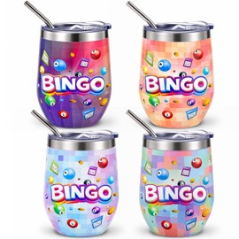 Geiserailie 4 Pcs Bingo Party Supplies 12oz Bingo Tumbler Cups Stainless Steel Tumbler Reusable Insulated Cup with Lid and Straws Bingos Prizes Gifts for Lovers Seniors Adults Party Stuff Supplies