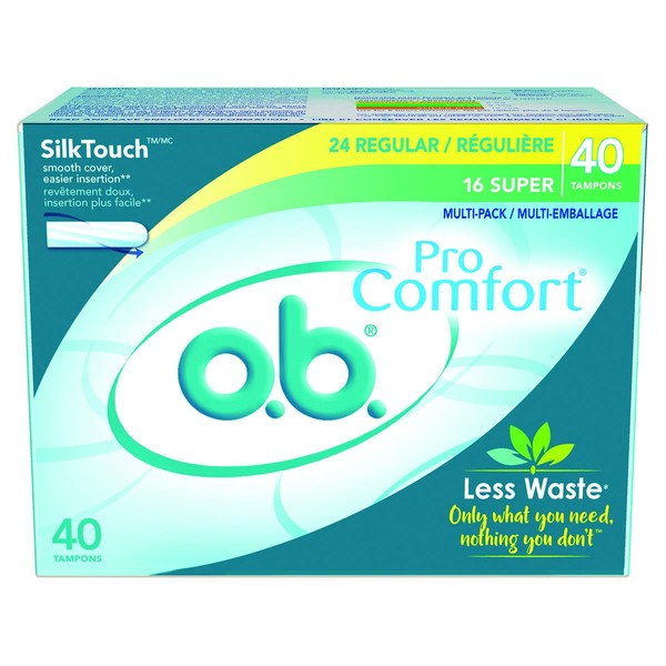 o.b. Pro Comfort Applicator Free Digital Tampons, Regular and Super Multi-Pack - 40 Count