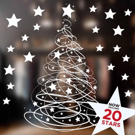 Christmas Window Stickers - Swishy Tree Christmas Window Cling Decoration with 20 Extra Stars- Small