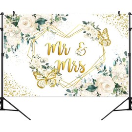 Pnylzzyxh 8x6ft Mr and Mrs Backdrop Gold Diamond Wedding Bridal Shower Party Decorations Backdrop Butterfly Floral Bride to Be Photography Background for Engagement Party Supplies