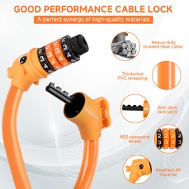 Monotre Bike Lock, 3.9 Feet 4-Digit Resettable Combination Password Anti-Theft Cable Lock, Cute Coiled Bike Lock with Mounting Bracket, Suitable for Bicycles, Electric Scooters, Ebikes (Orange-12mm)