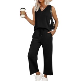 WIHOLL Two Piece Sets for Women Summer Outfits 2025 V Neck Tops Shirts Beach Vacation Clothing Travel Cruise Fashion Black S