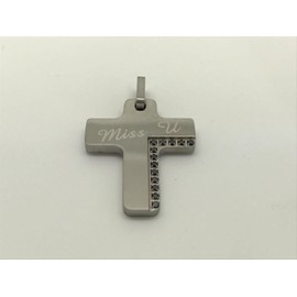 Unbranded Stainless Steel Miss You Cross Pendant with Black Zirconia Side Crystals