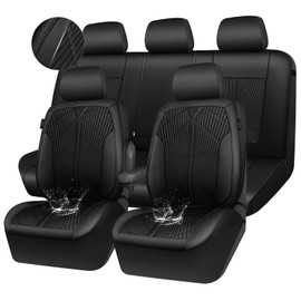 CAR PASS Oxford Leather Car Seat Covers Full Set,All-Weather Non-Slip Durable, Universal Fit for SUVs Sedans Trucks Vans Automotive,Armrest Airbag Compatible,Emboss 5 Black